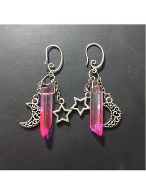 Silver Tone Pink Plastic Crystal Moon Star Celestial Dangle Statement Earrings